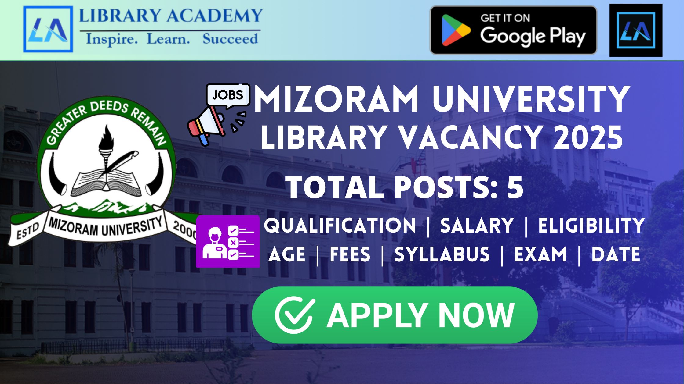 Library Vacancy For 5 Post At Mizoram University